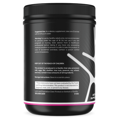 Creatine monohydrate tub back label with warning/storage text, black with magenta band