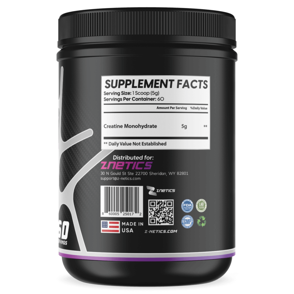 Creatine monohydrate tub Supplement Facts panel listing 5g creatine monohydrate
