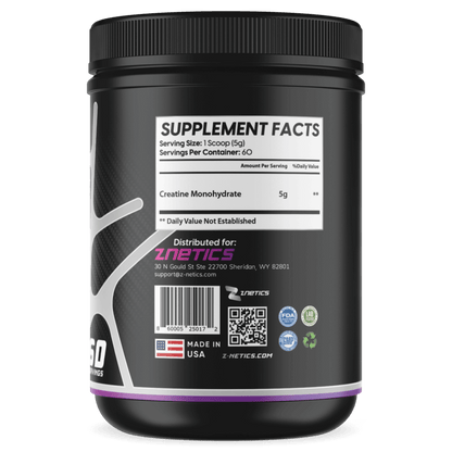 Creatine monohydrate tub Supplement Facts panel listing 5g creatine monohydrate