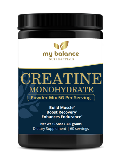 Creatine monohydrate powder supplement jar, black cap and white-blue label