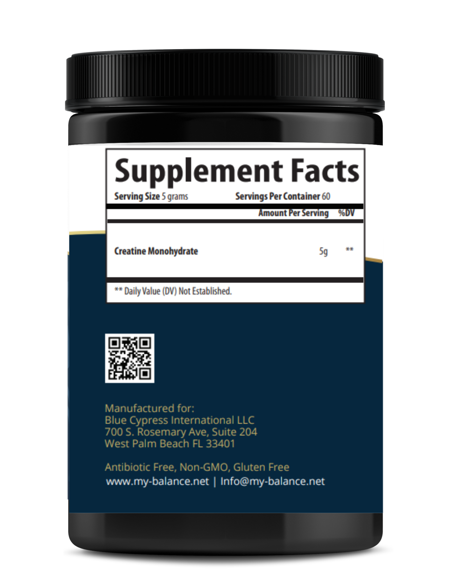 Creatine monohydrate supplement facts panel on powder jar with QR code