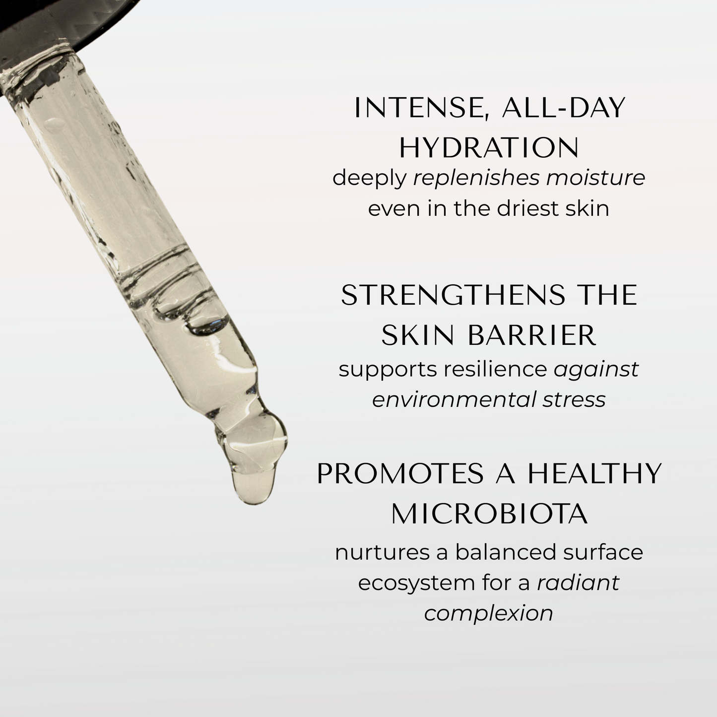 Serum drop illustration with skincare benefit text on a clean background