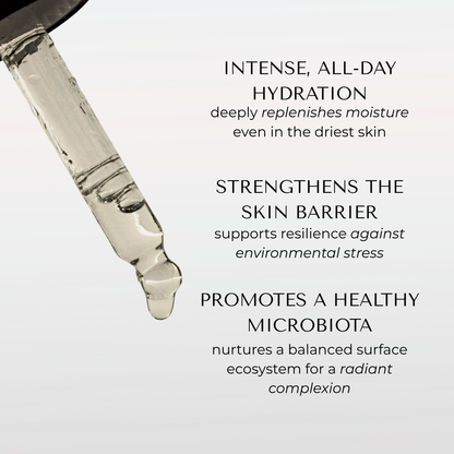 Serum drop illustration with skincare benefit text on a clean background
