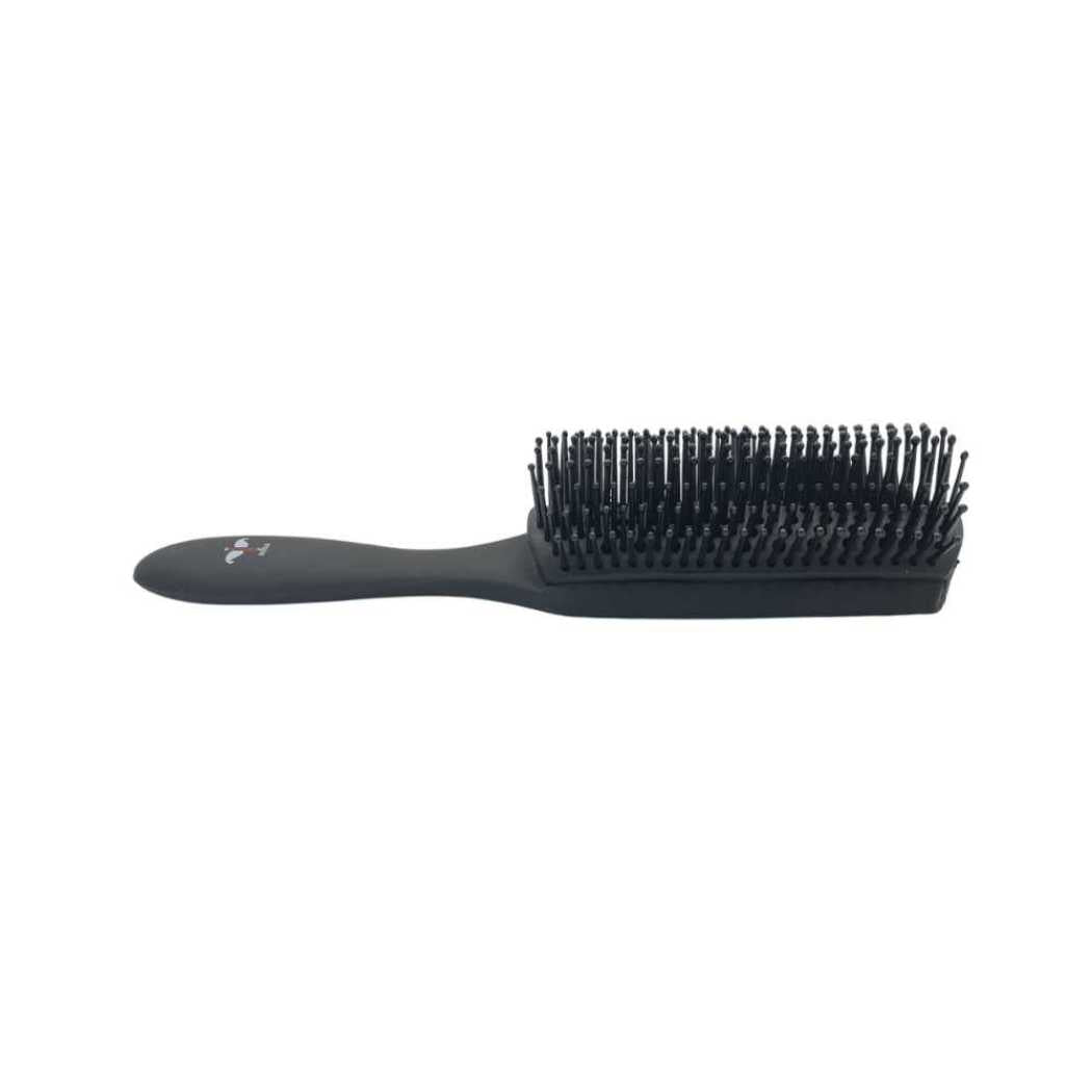 Black cushion hair brush with flat paddle shape and pin bristles