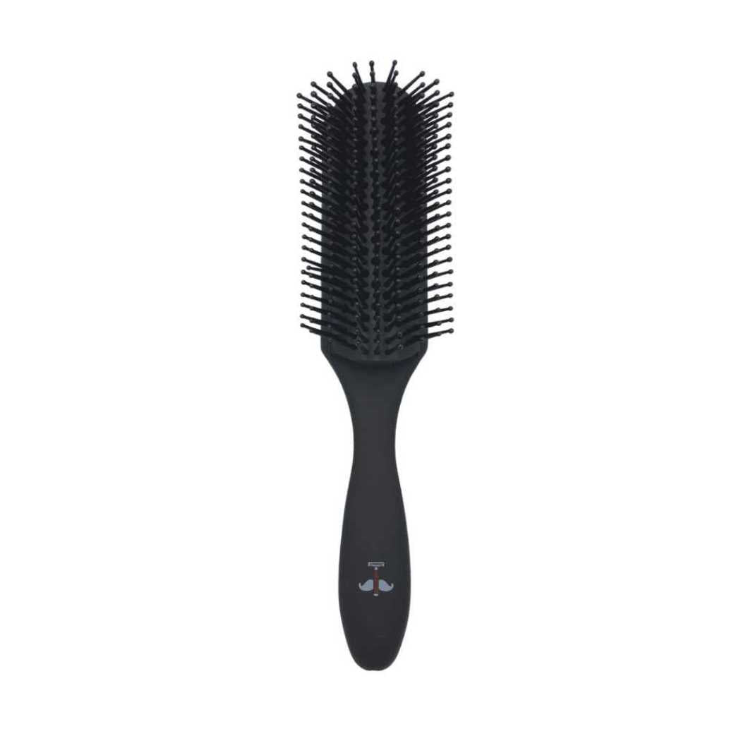 Black cushion hair brush with pin bristles and ergonomic handle