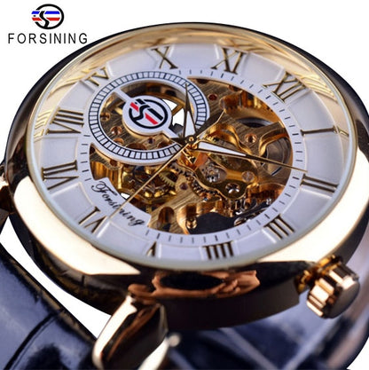 Men's skeleton watch with white dial, gold-tone accents, black leather strap
