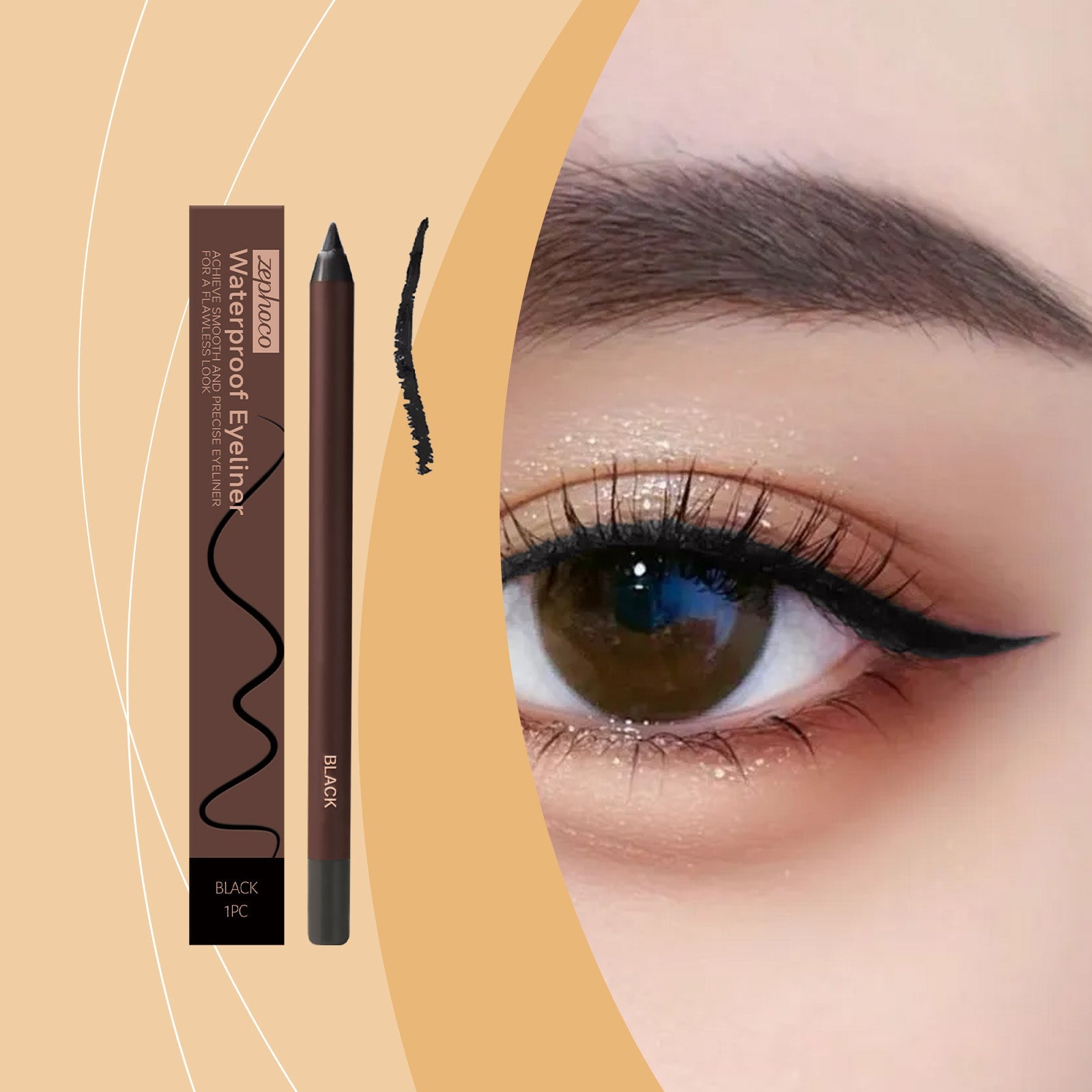 Black waterproof eyeliner pencil next to a close-up eye with a winged eyeliner finish