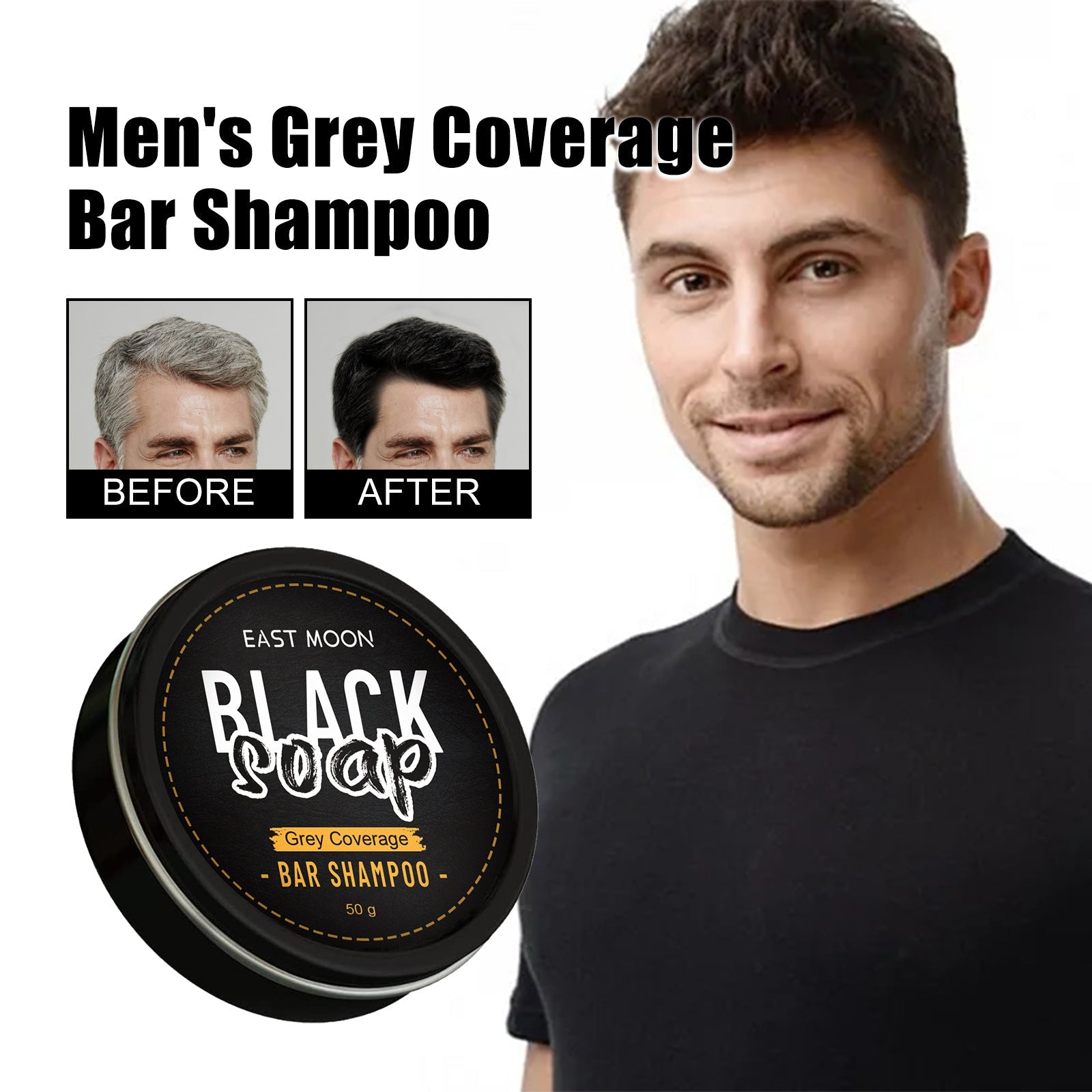 Men's black hair soap bar round tin on display, 50 g