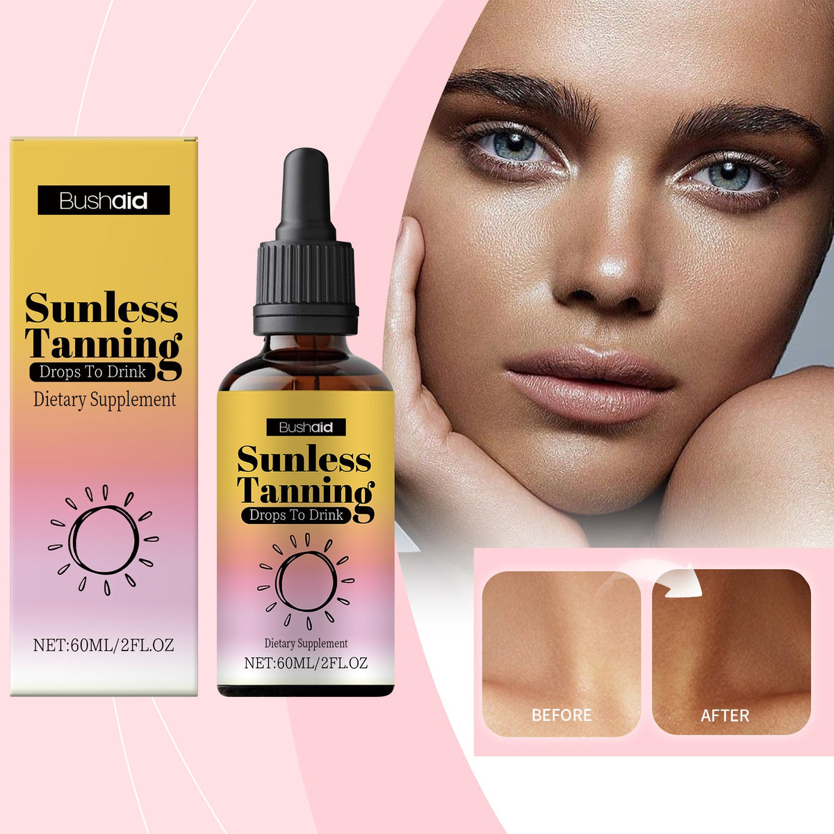 Oral sunless tanning drops bottle with dropper and box beside a model face close-up