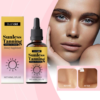 Oral sunless tanning drops bottle with dropper and box beside a model face close-up