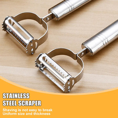 Stainless steel scraper peeler with serrated cutting rollers and metal frame
