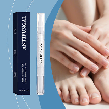 Nail care pen with hands showing glossy light pink manicure