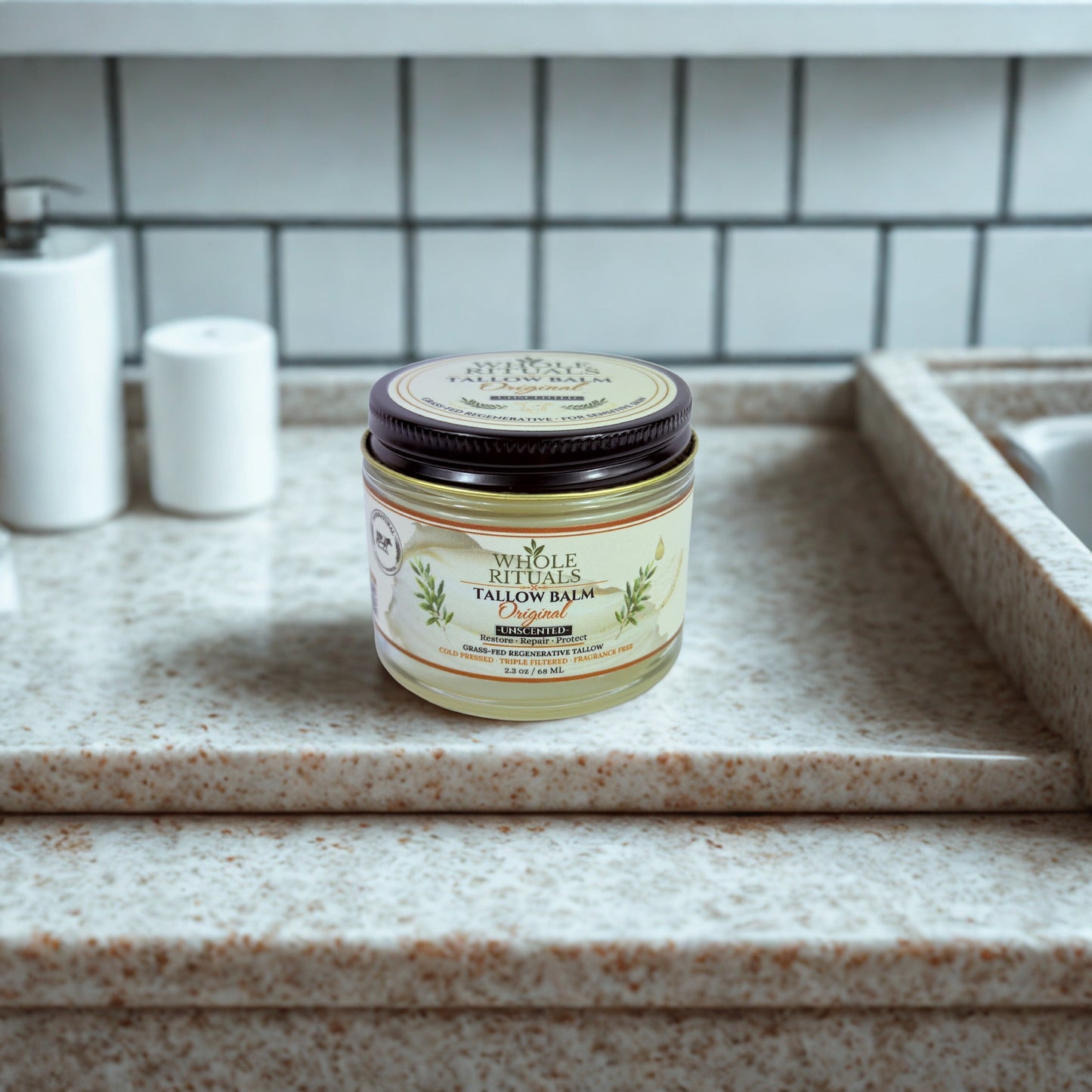 Unscented Original tallow balm jar with black lid on countertop