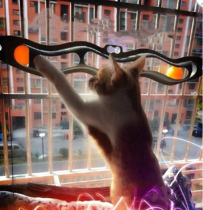 Grey cat track toy with orange ball accents stretched across a window while a cat reaches