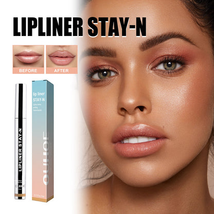 Peel-off lip liner in light brown, applicator stick and light-blue box with lip closeup
