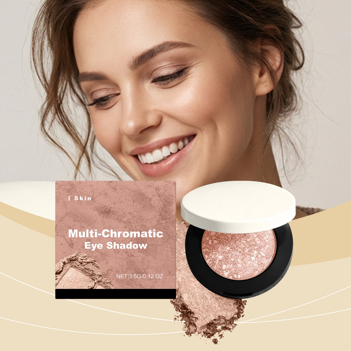 Glitter eye shadow compact in black with white lid, rose-gold shimmer surface