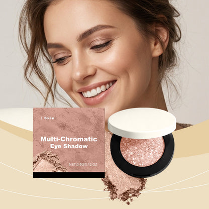 Glitter eye shadow compact in black with white lid, rose-gold shimmer surface