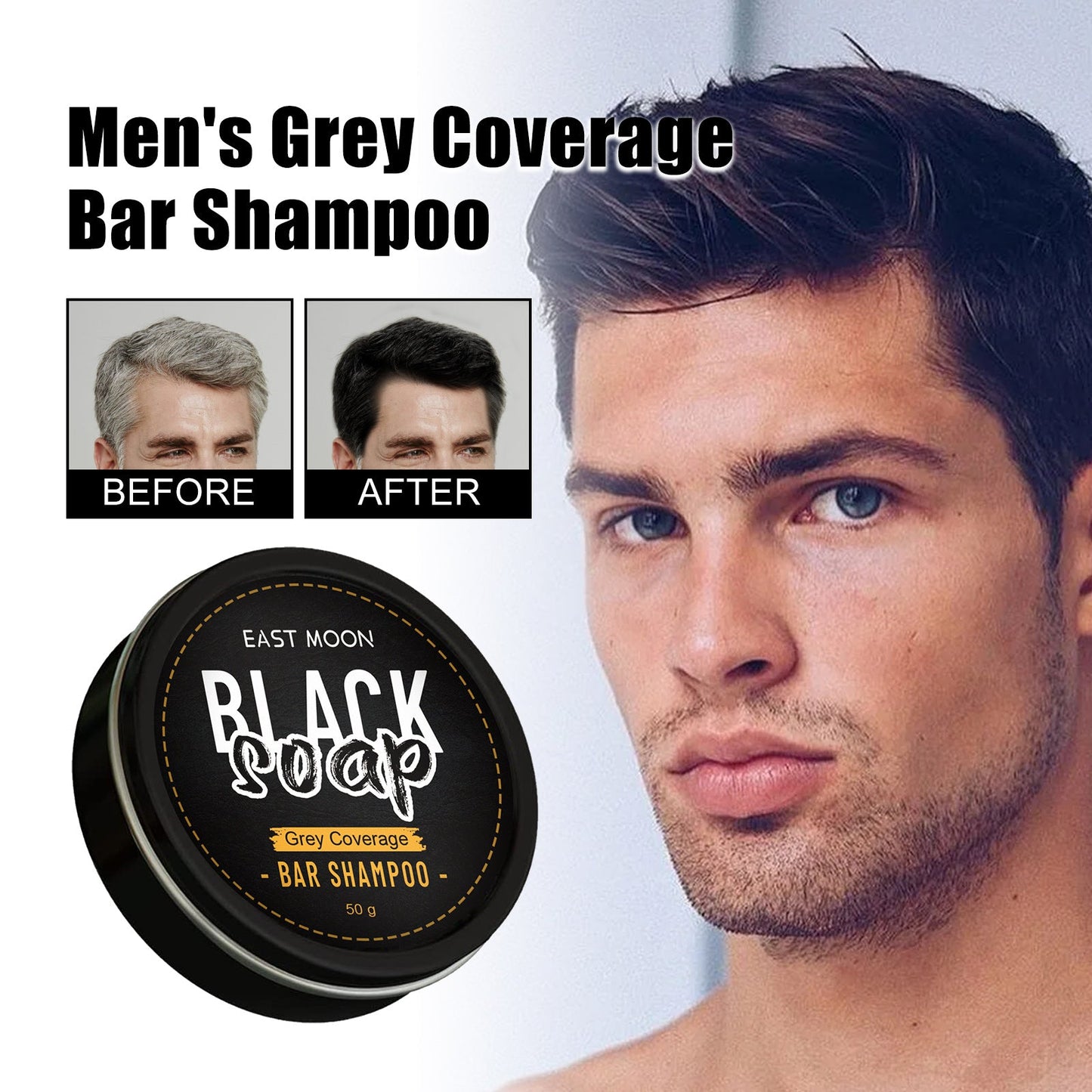 Men's black hair soap bar in round black tin, front label