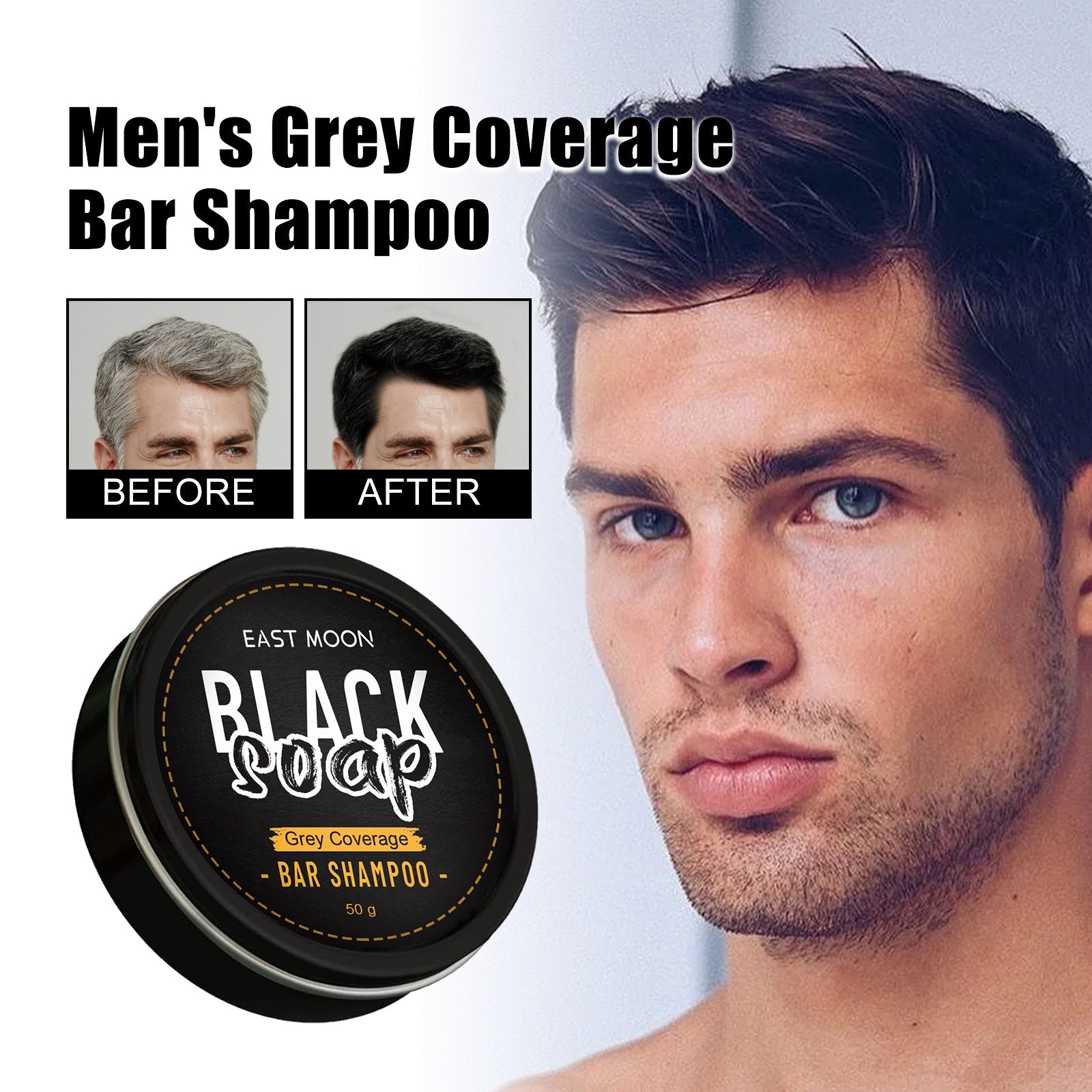 Men's black hair soap bar in round black tin, front label