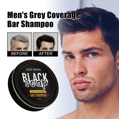 Men's black hair soap bar in round black tin, front label
