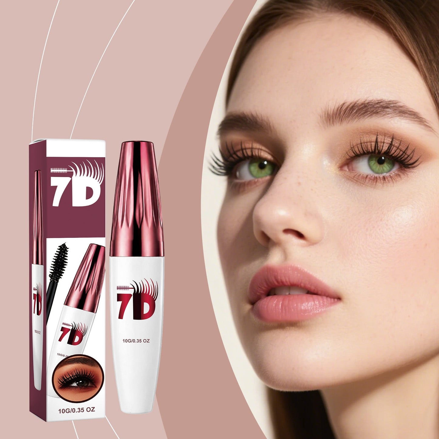 Black curling 3D mascara bottle and wand next to a woman wearing curled lashes