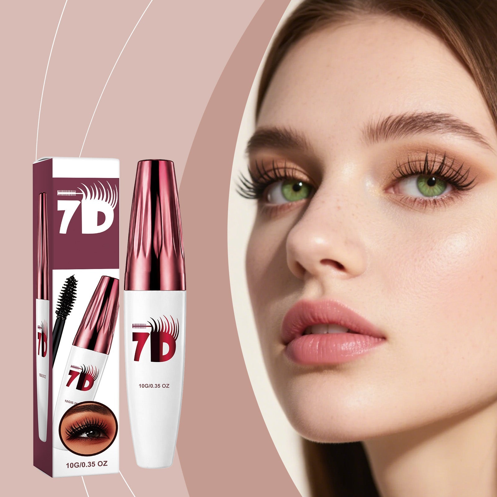 Black curling 3D mascara bottle and wand next to a woman wearing curled lashes