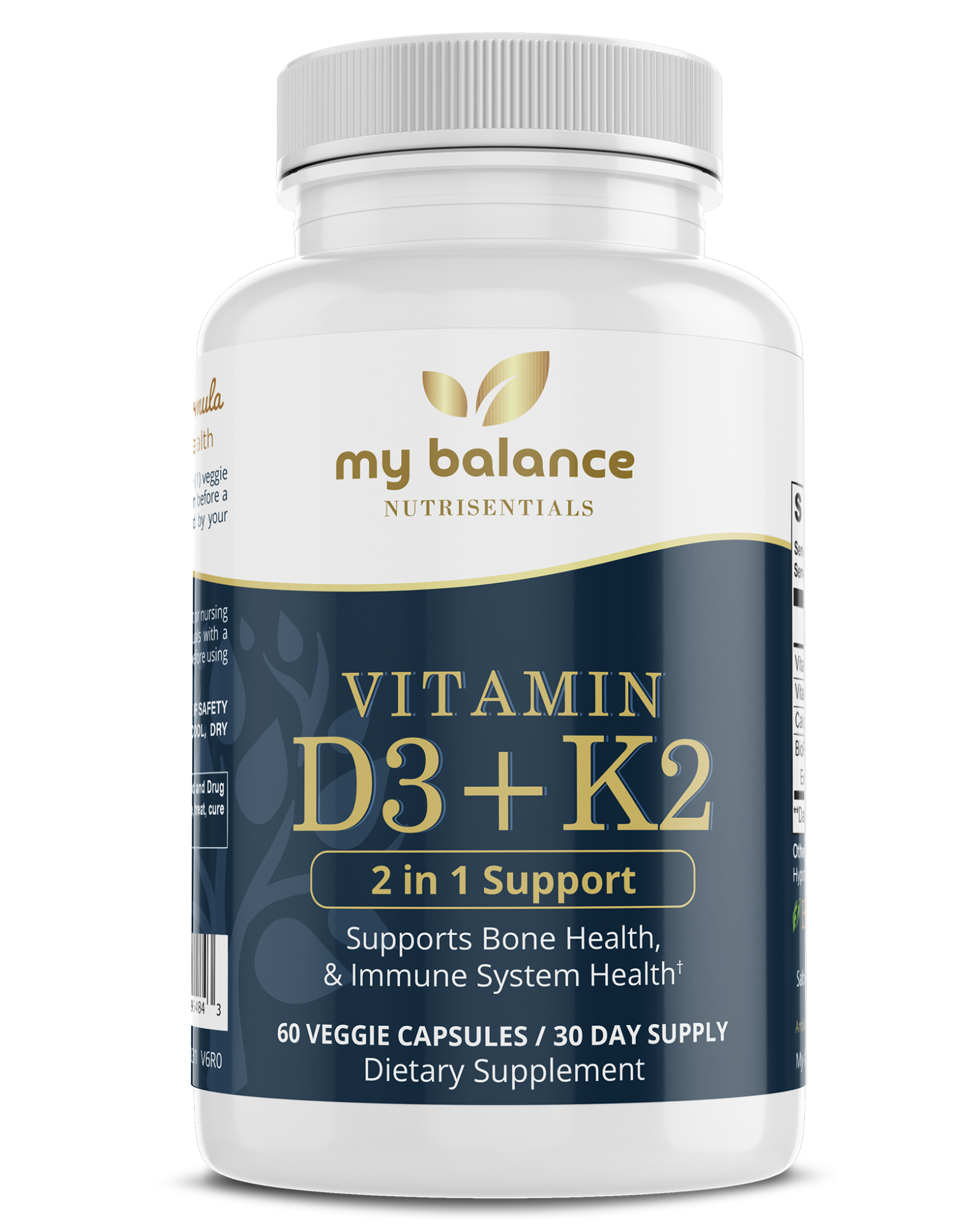 Vitamin D3 + K2 supplement bottle with BioPerine®; 60 veggie capsules label