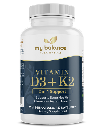 Vitamin D3 + K2 supplement bottle with BioPerine®; 60 veggie capsules label