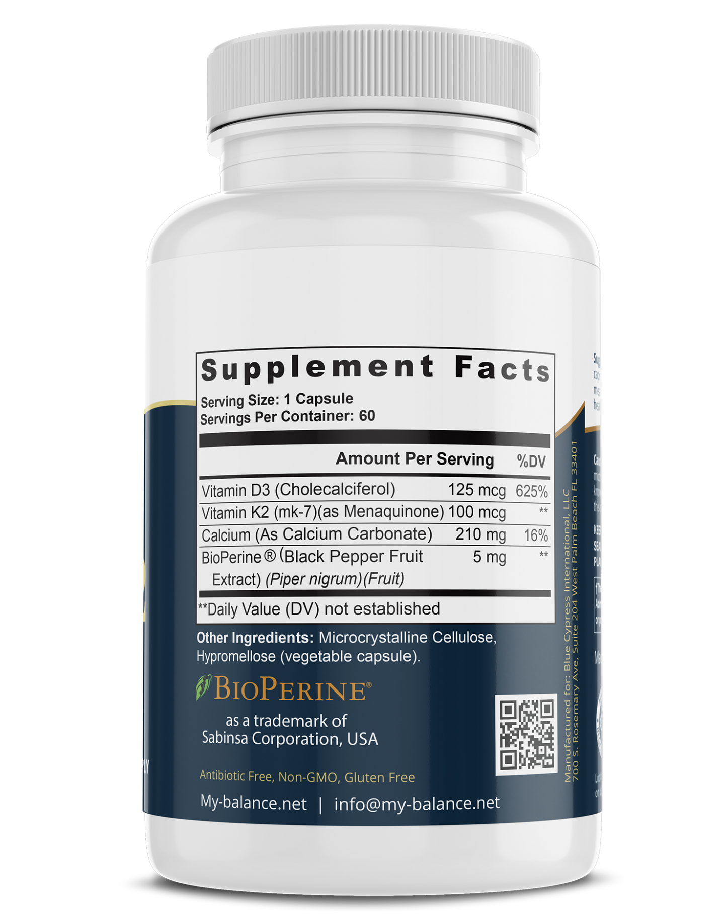 Vitamin D3 + K2 supplement facts panel on bottle; BioPerine® dosages listed