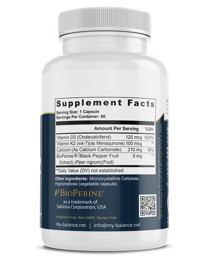 Vitamin D3 + K2 supplement facts panel on bottle; BioPerine® dosages listed