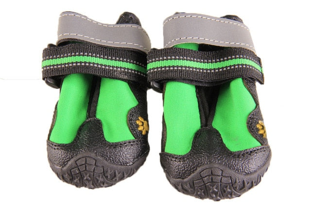 Waterproof dog boots with neon green lining and hook-and-loop ankle straps