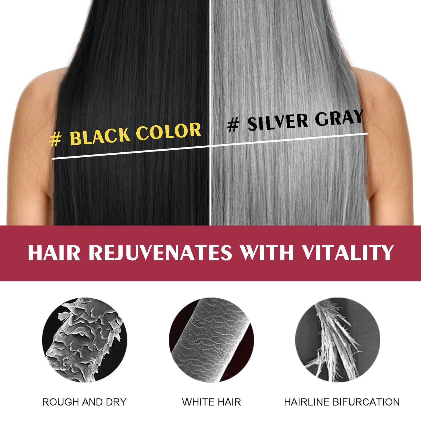 Hair dye result comparison with black color on left and silver gray on right