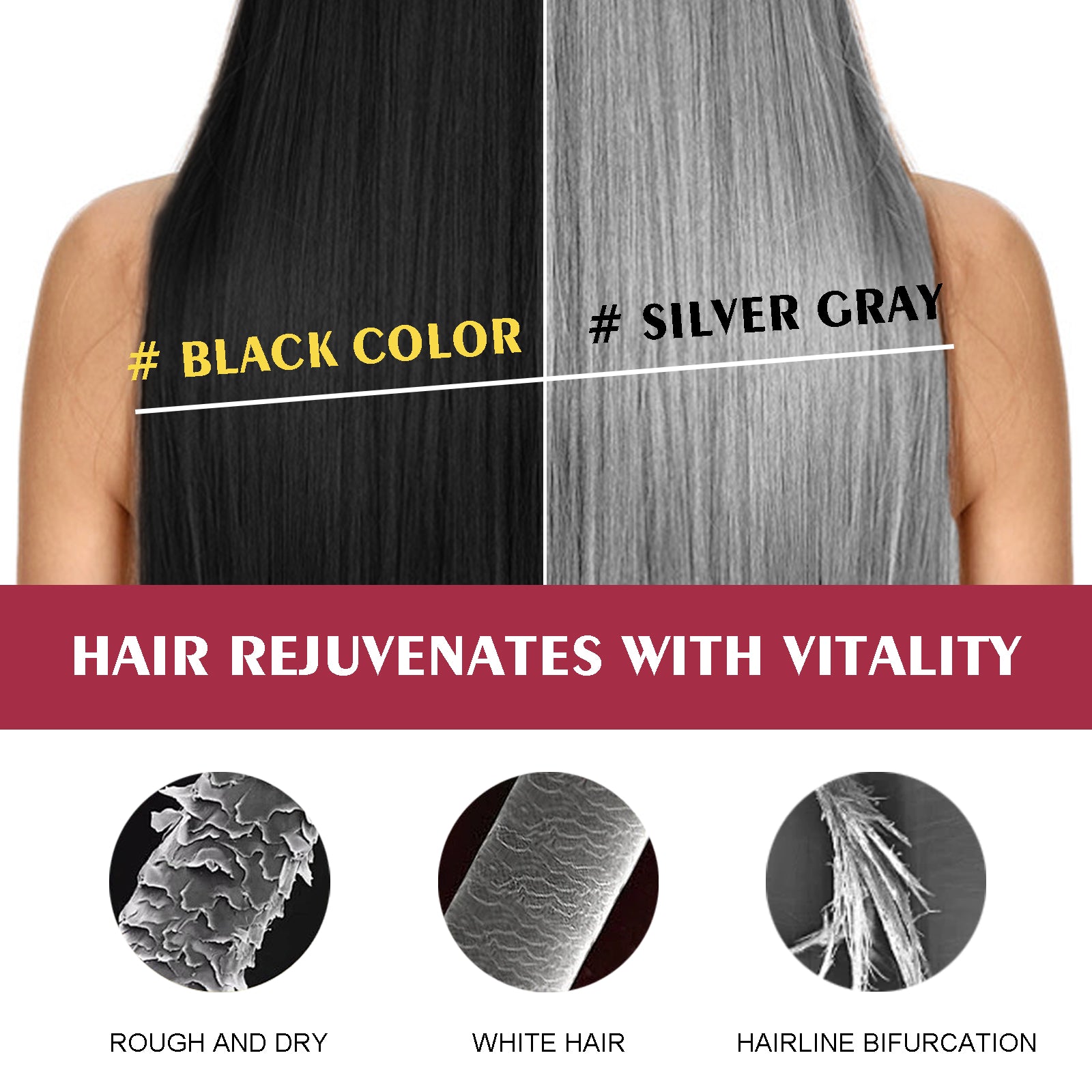 Hair dye result comparison with black color on left and silver gray on right
