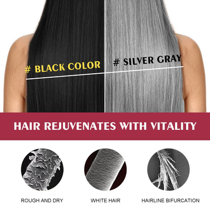 Hair dye result comparison with black color on left and silver gray on right