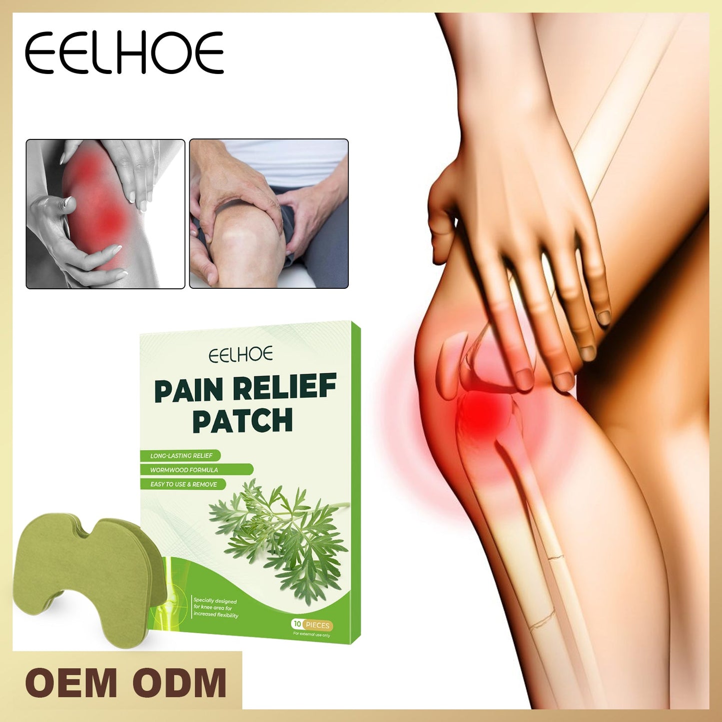 Green mugwort knee patches 10-pack, showing single patch and product box