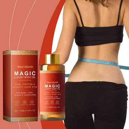 Firming moisturizing body oil 100ml bottle with gold cap and box with black shorts