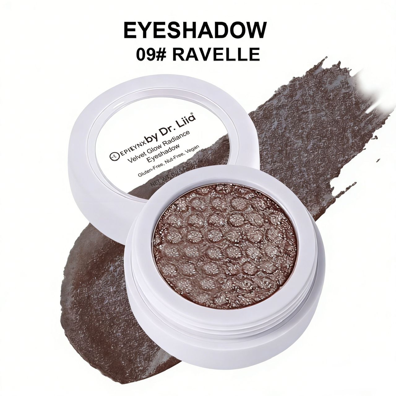 Shimmery dark brown eyeshadow in a pan, shade 09 Ravelle