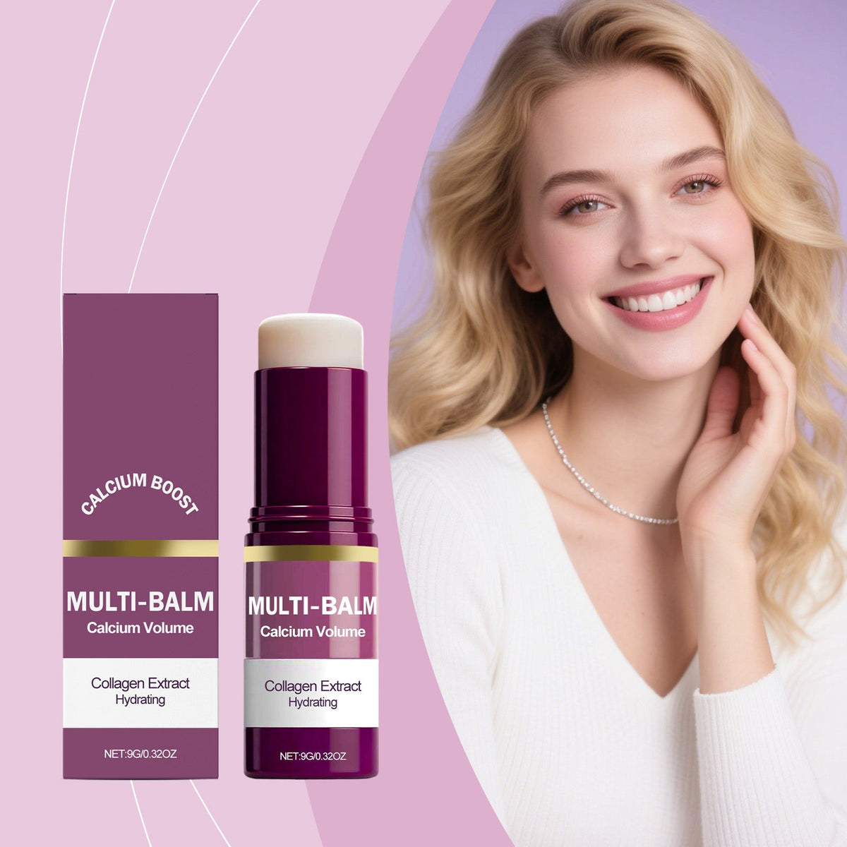 Moisturizing skin balm set: purple cylindrical container with beige cap and matching box.