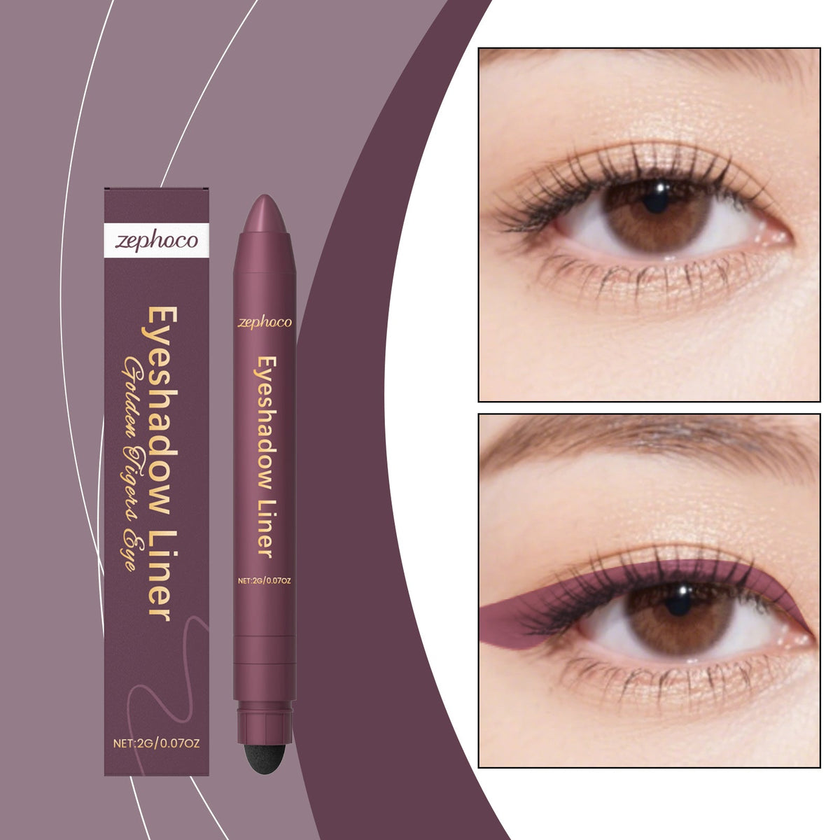 2-in-1 eyeliner pencil and two close-up shots of purple eyeliner on brown eyes