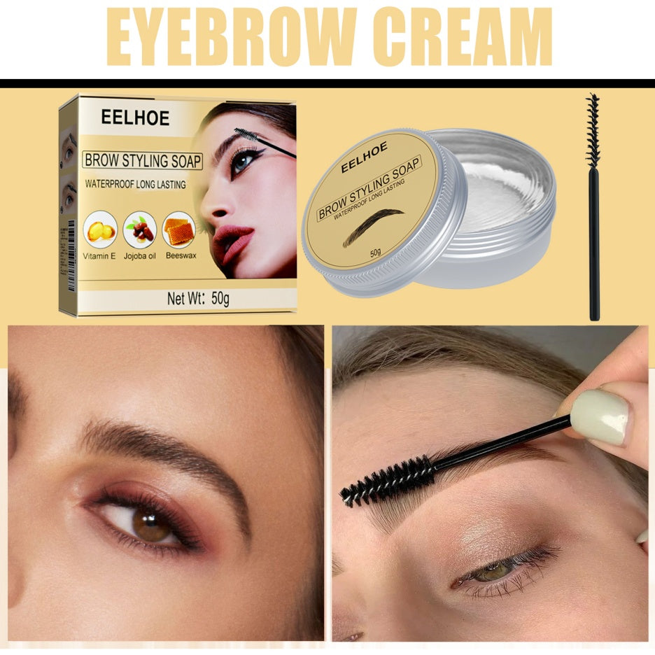 Eyebrow styling gel jar and spoolie brush with four-step brow grooming view.
