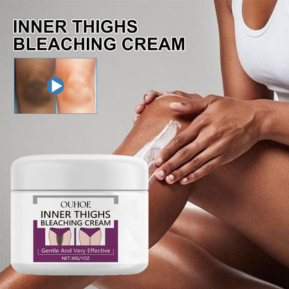Inner-thigh brightening cream jar while hands rub cream on leg