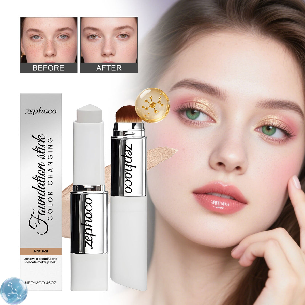 Color-changing concealer foundation stick in Natural shade with white tube and round applicator