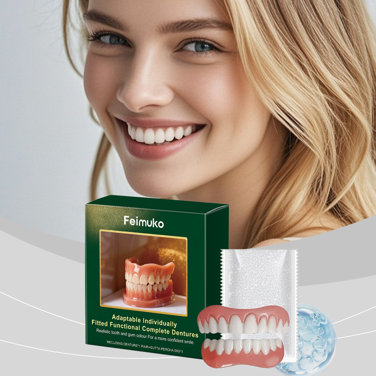 Denture kit with green box and blister pack of molded denture teeth