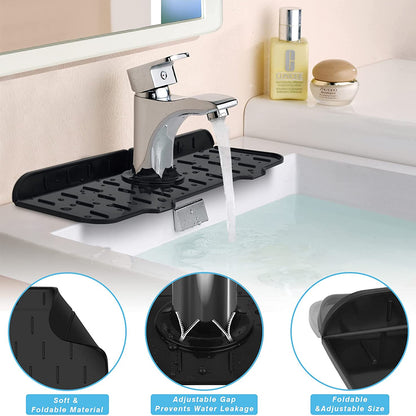 Black kitchen faucet mat with raised channels and foldable side edges