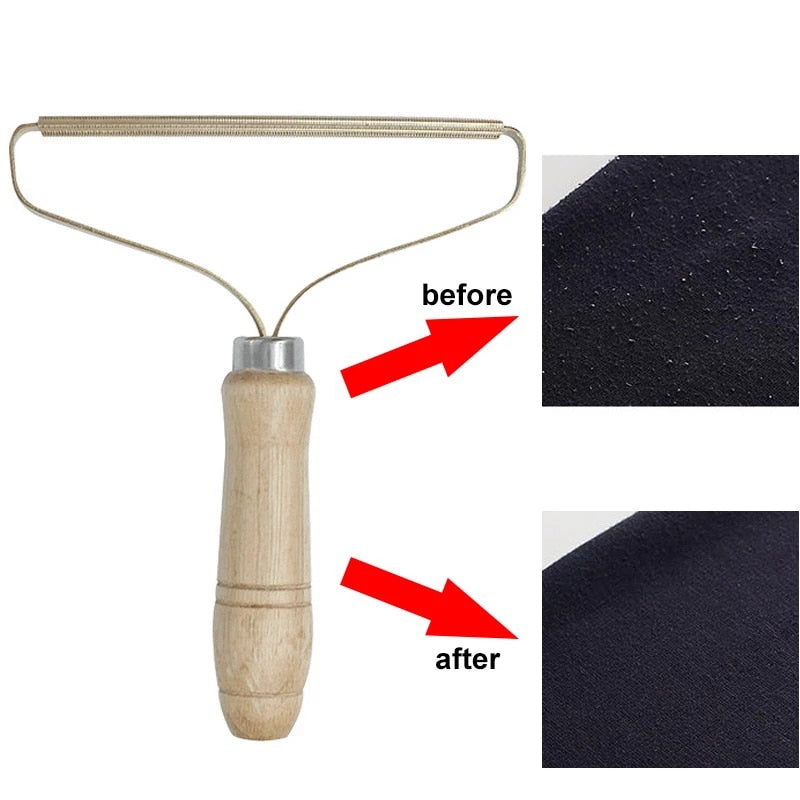 Lint remover brush with wooden handle shown before-and-after on dark fabric