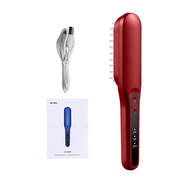 Hair growth comb kit with red handheld device, white cord, and instruction card