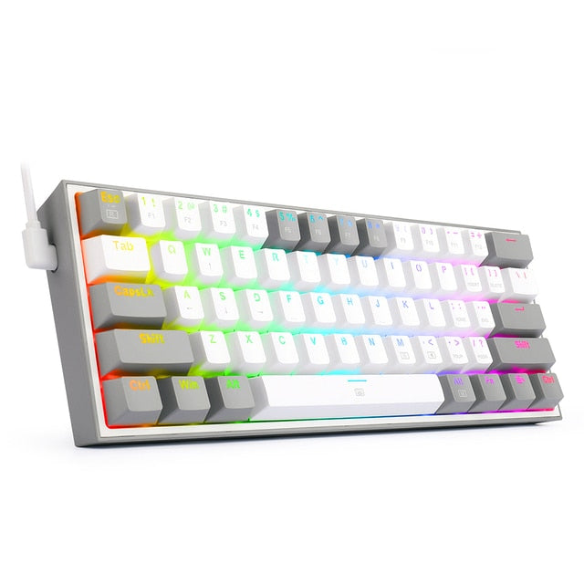 Mini wired gaming keyboard with white frame and rainbow RGB backlit keys