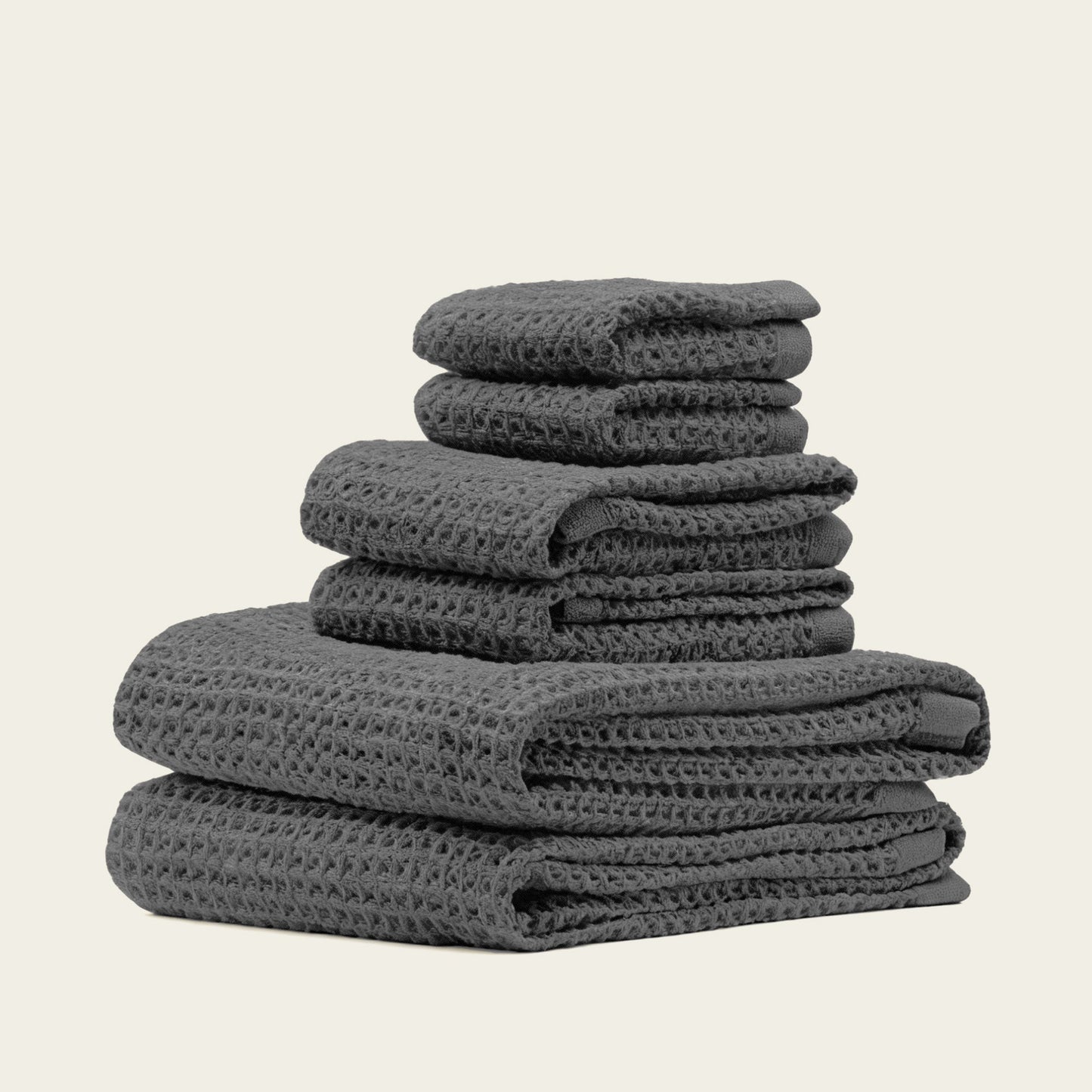 Charcoal waffle cotton towels, folded stack of 6