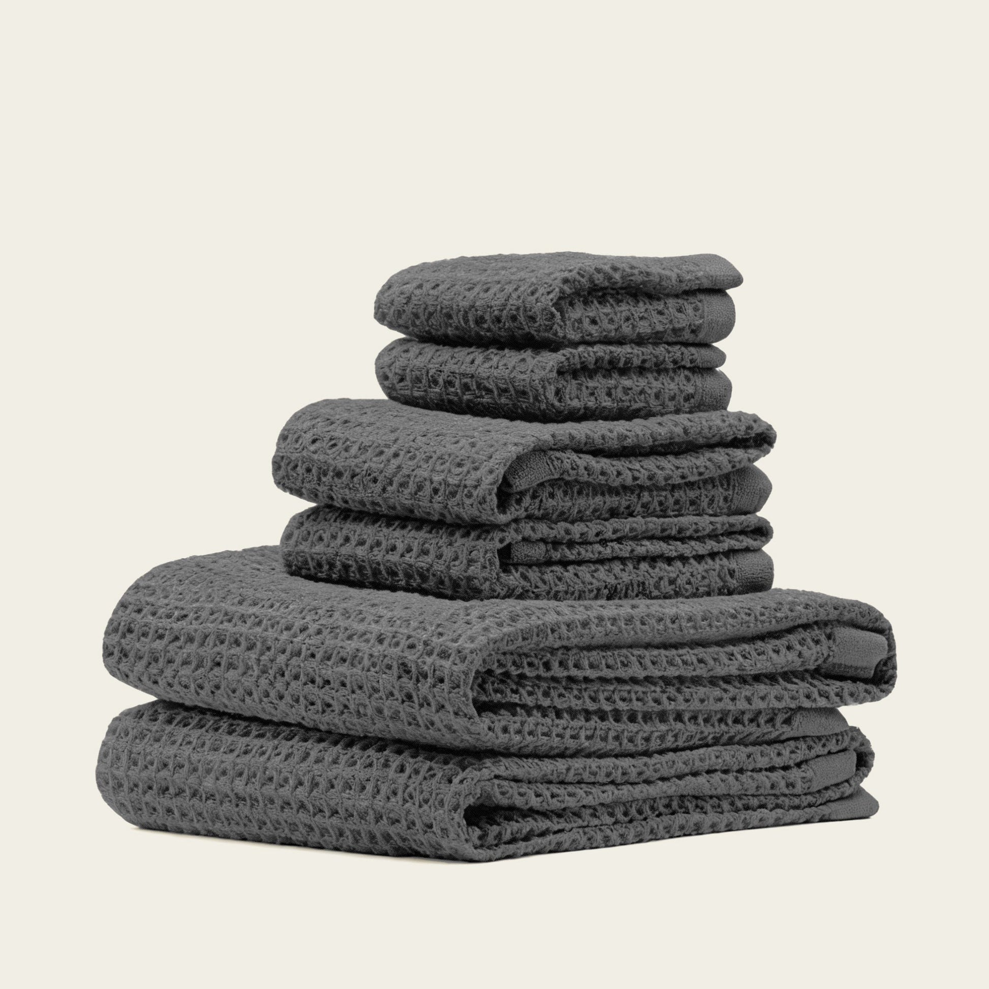 Charcoal waffle cotton towels, folded stack of 6