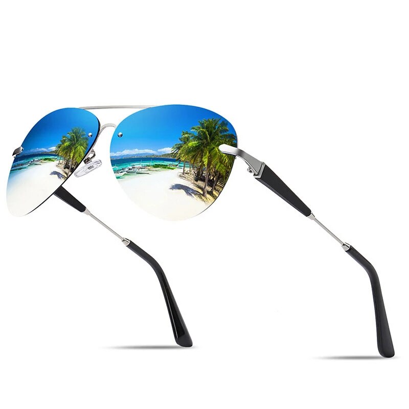 Men’s sunglasses with blue reflective lenses showing a tropical beach scene